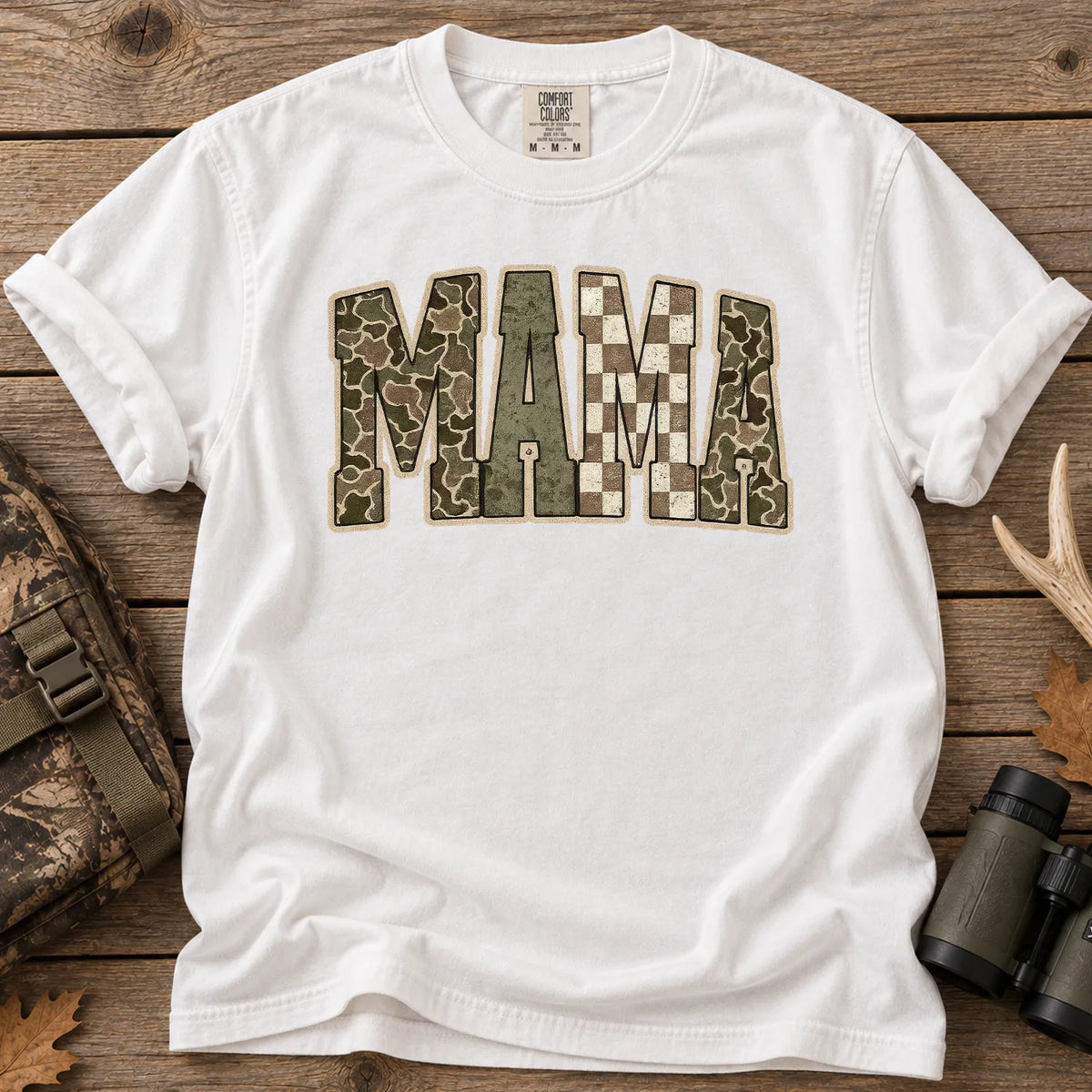 Retro Camo Hunting Mama T-Shirt in White