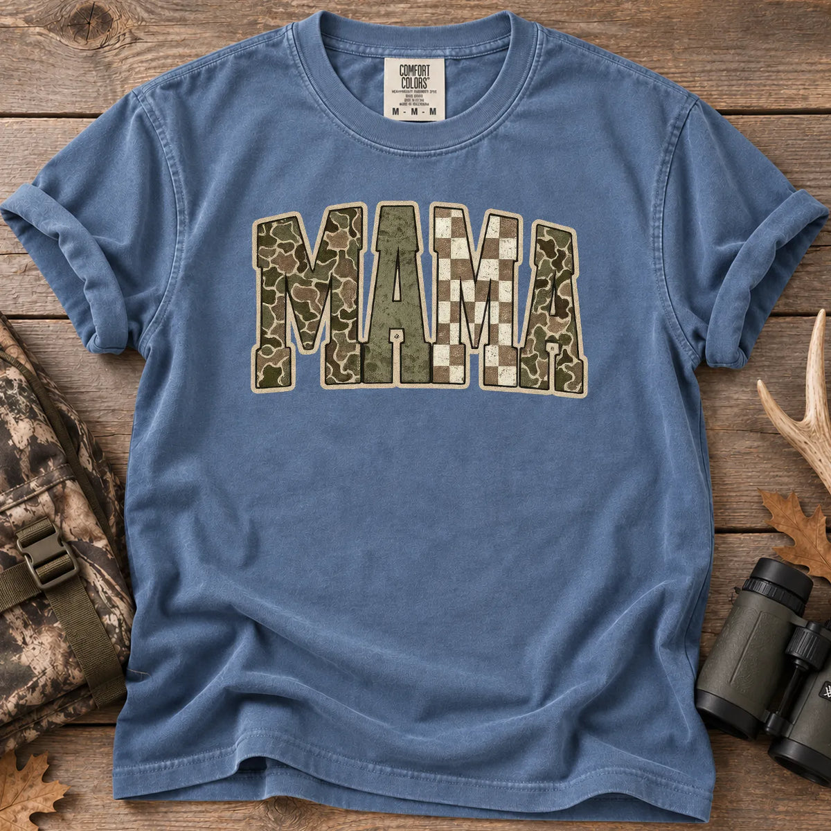 Retro Camo Hunting Mama T-Shirt in Blue Jean