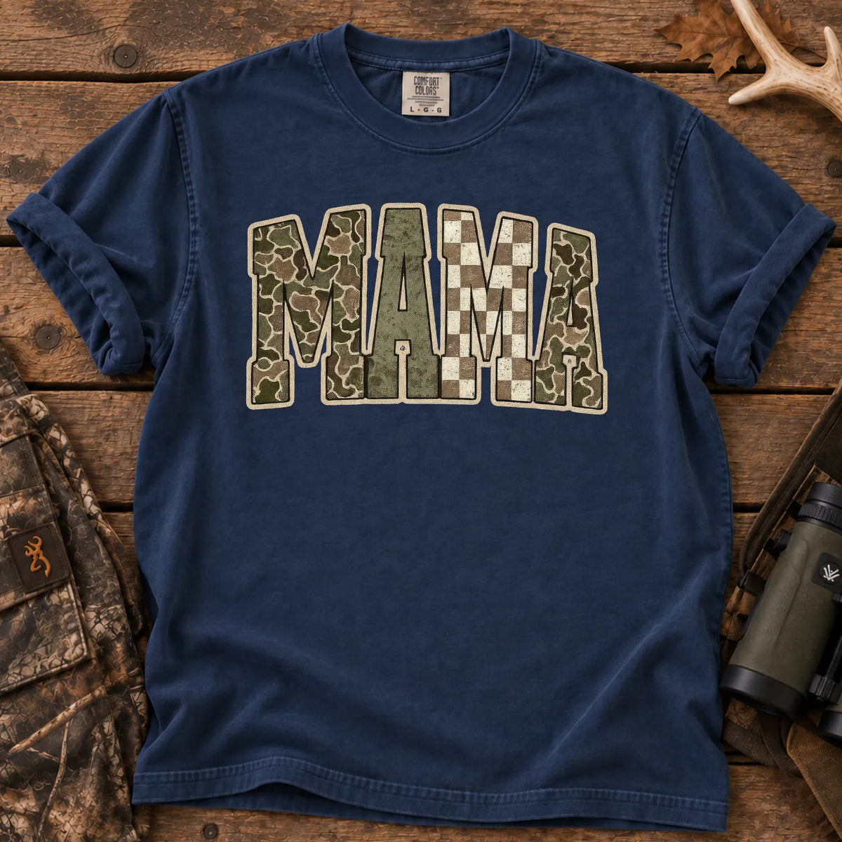 Retro Camo Hunting Mama T-Shirt in True Navy