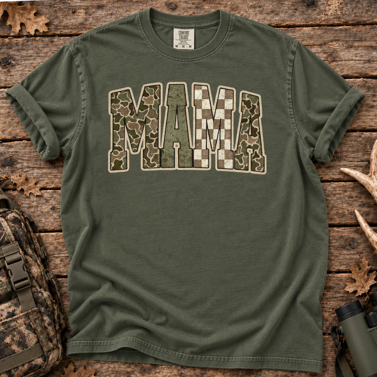 Retro Camo Hunting Mama T-Shirt in Moss