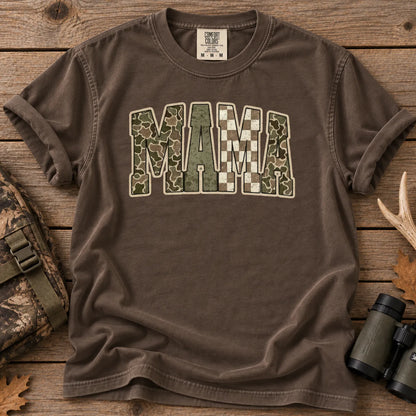 Retro Camo Hunting Mama T-Shirt in Espresso