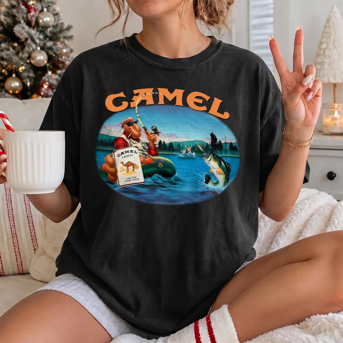Retro Cowboy Fly Fishing T-Shirt Women model in Black