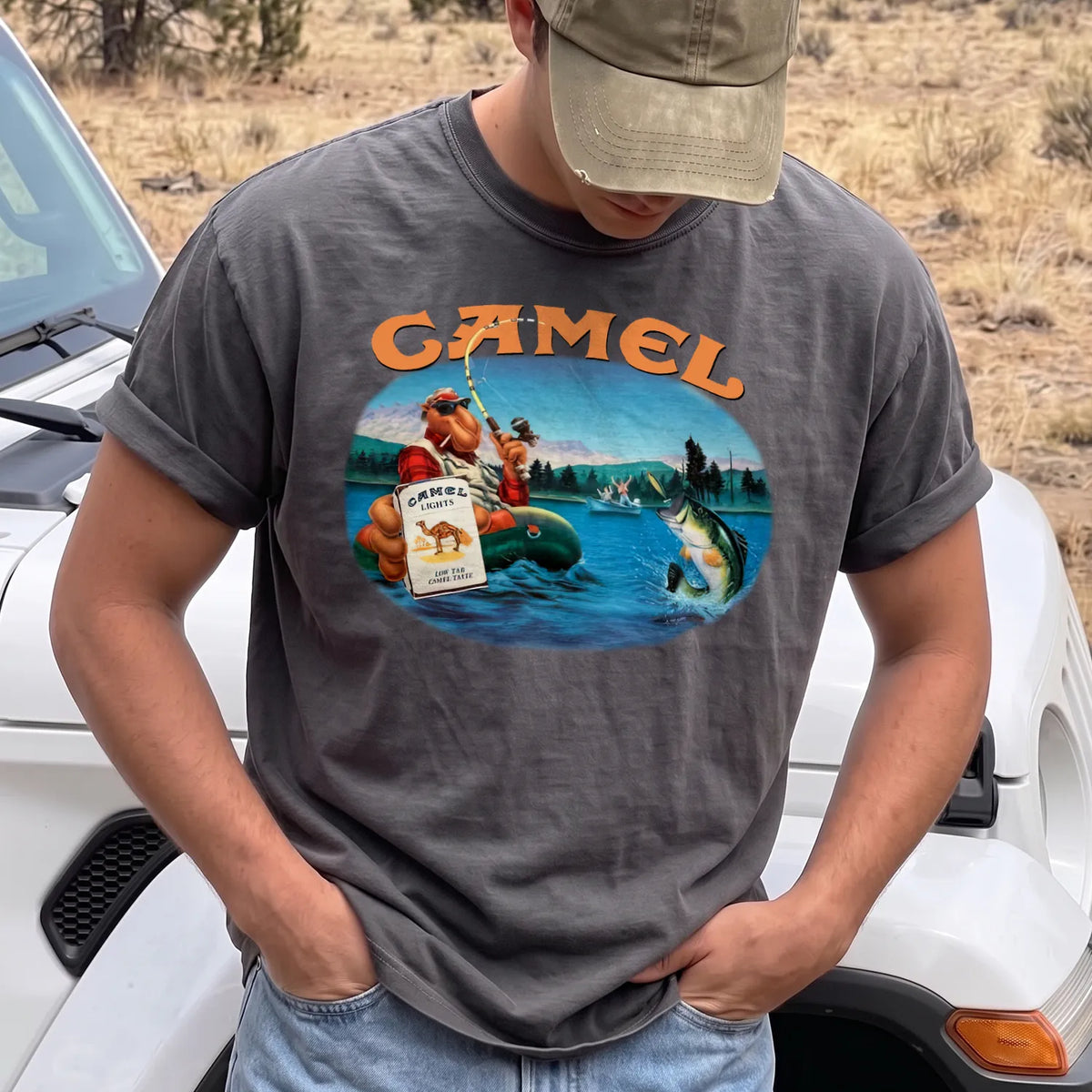 Retro Cowboy Fly Fishing T-Shirt Men model in Pepper