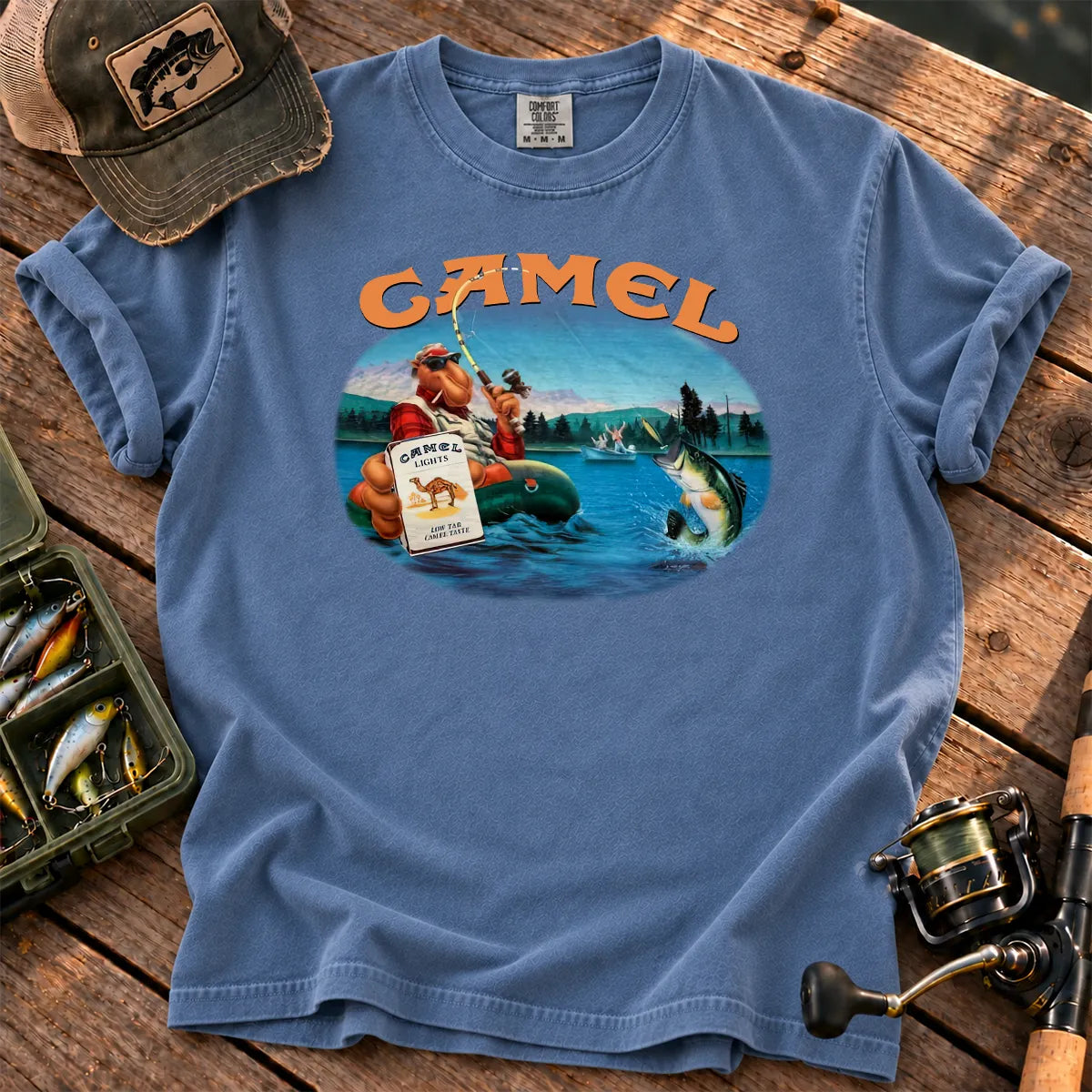 Retro Cowboy Fly Fishing T-Shirt in Blue Jean