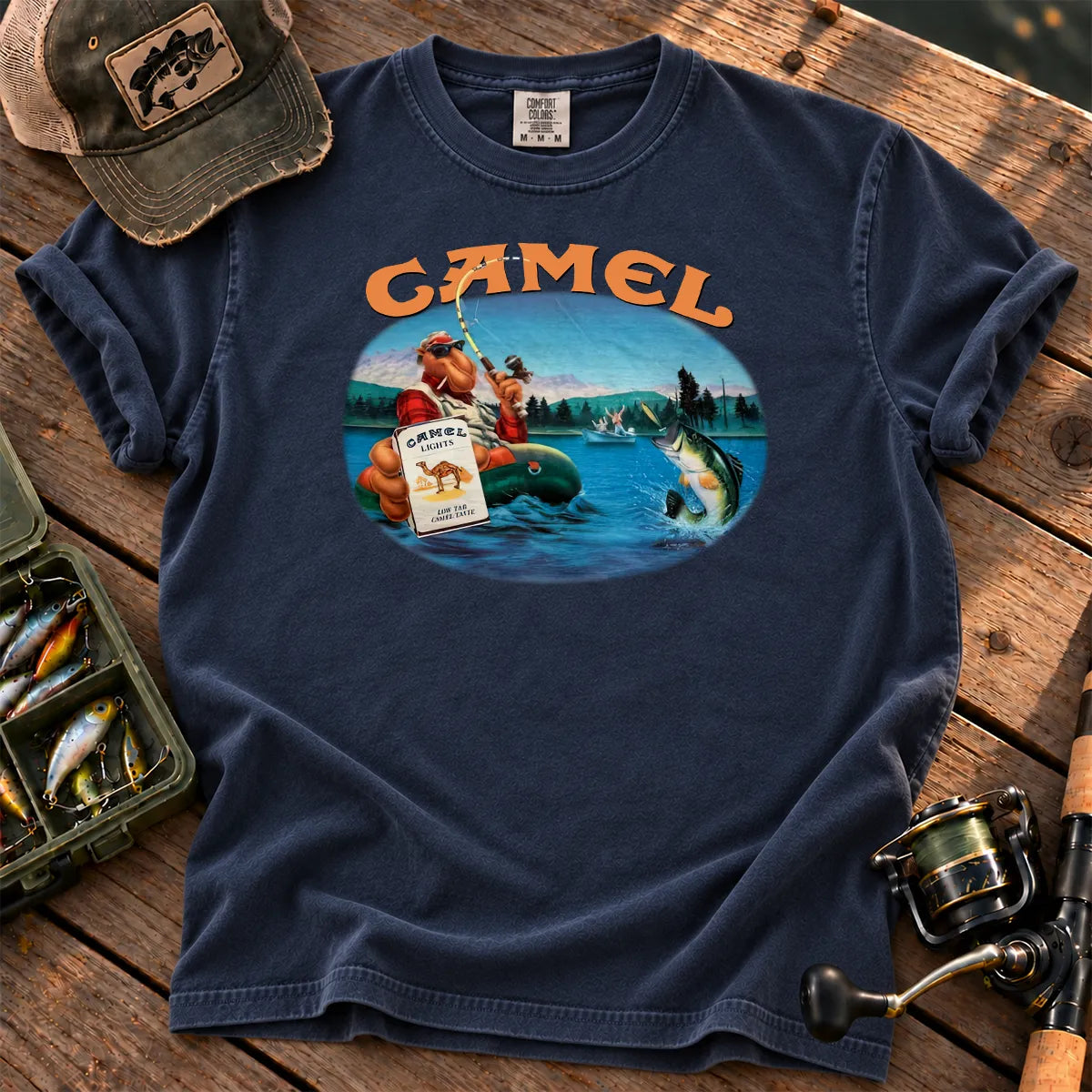 Retro Cowboy Fly Fishing T-Shirt in True Navy