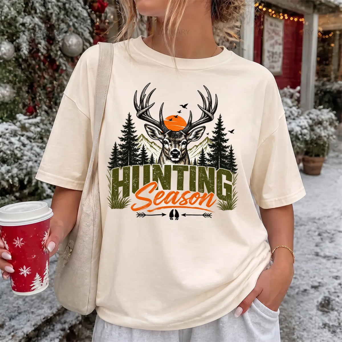 Retro Deer Hunting Season T-Shirt Women model in Ivory
