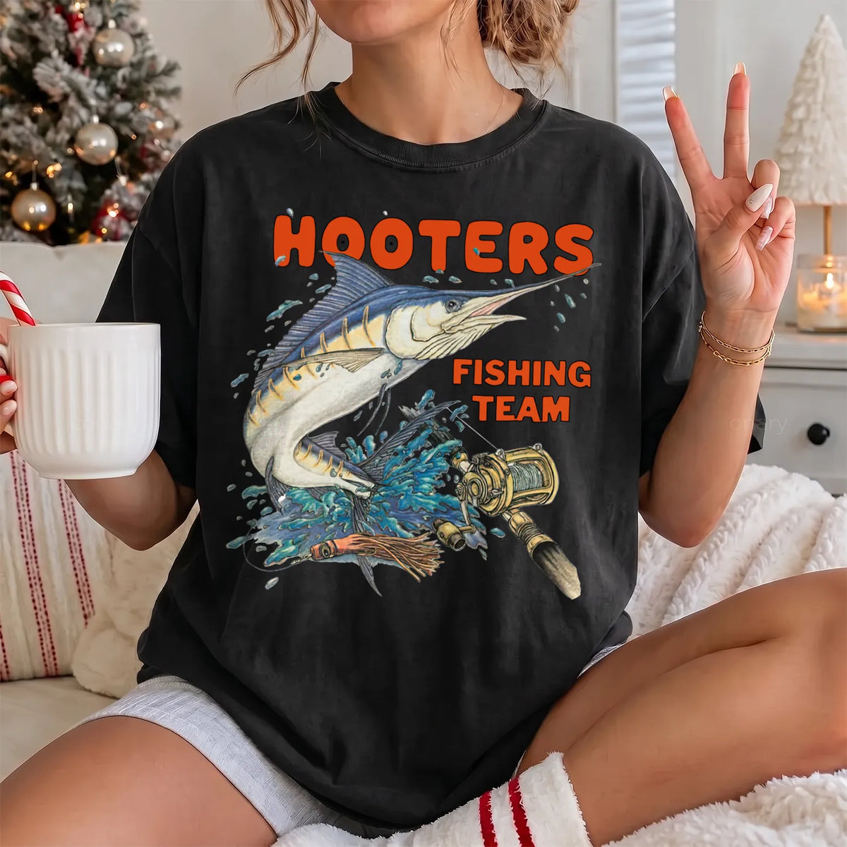 Retro Fishing Team T-Shirt Women model in Black