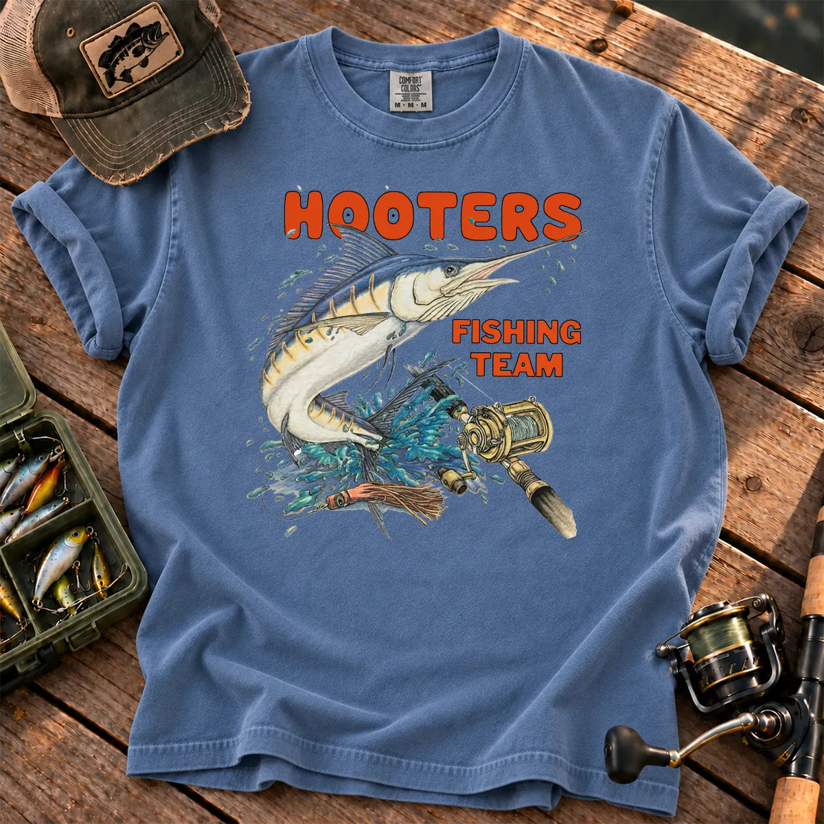 Retro Fishing Team T-Shirt in Blue Jean