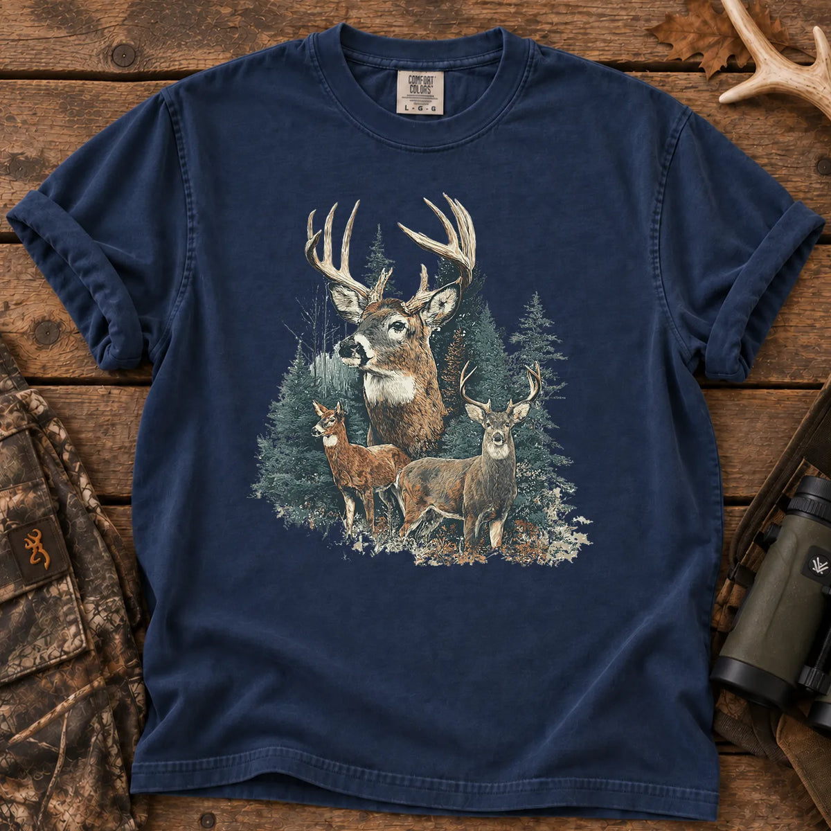 Retro Forest Deer T-Shirt in True Navy