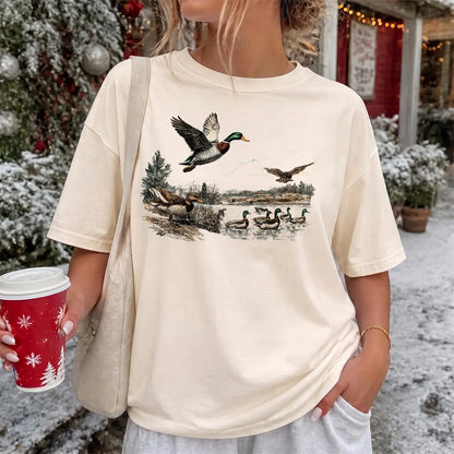 Retro Mallard Ducks T-Shirt Women model in Ivory