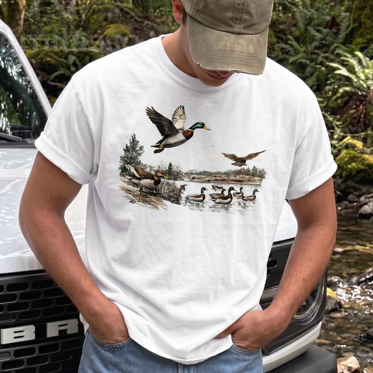 Retro Mallard Ducks T-Shirt Men model in White