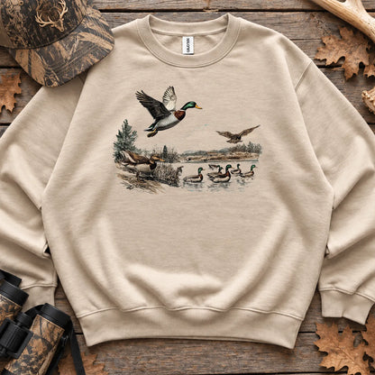 Retro Mallard Pond Scene Sweatshirt in Sand