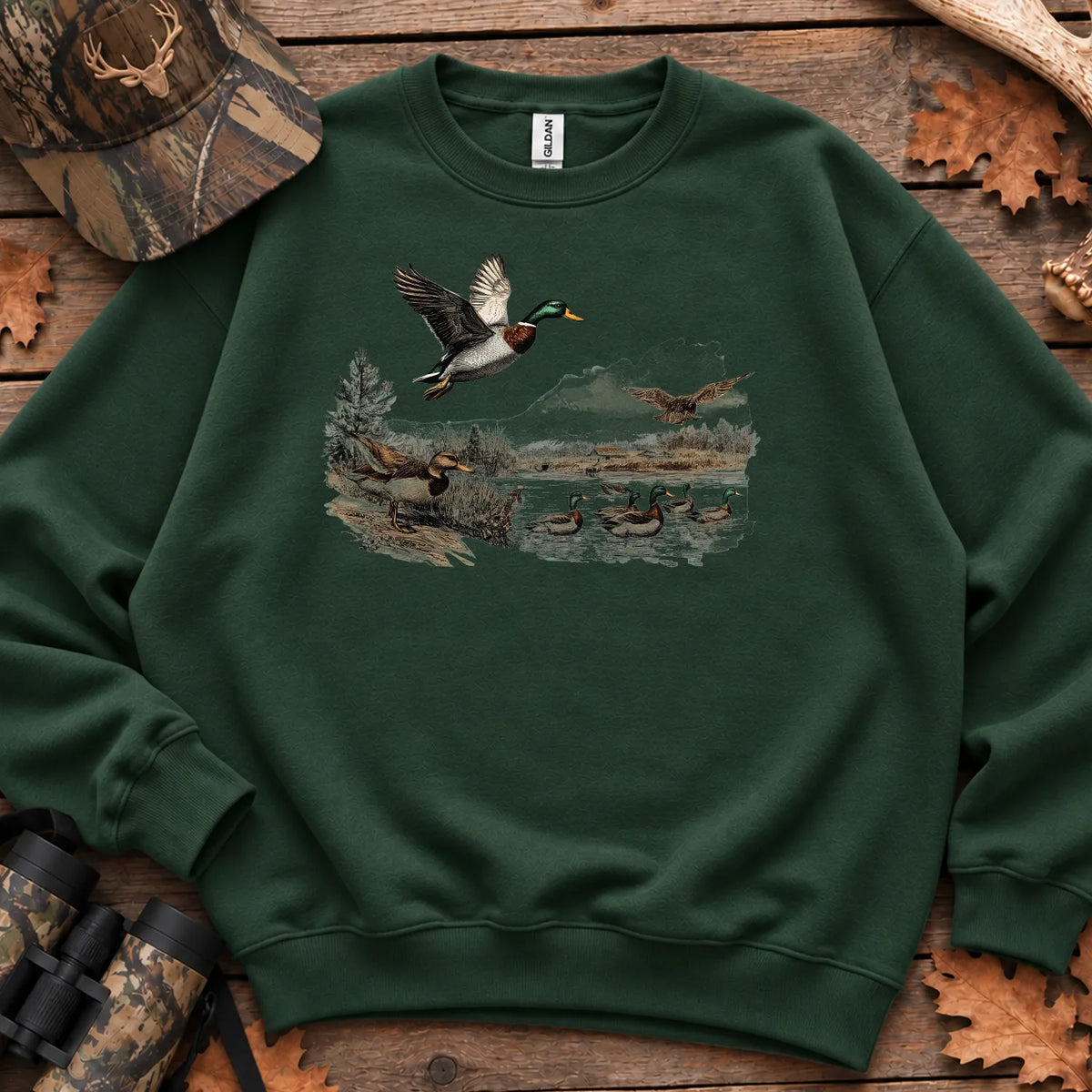 Retro Mallard Pond Scene Sweatshirt in Forest Green