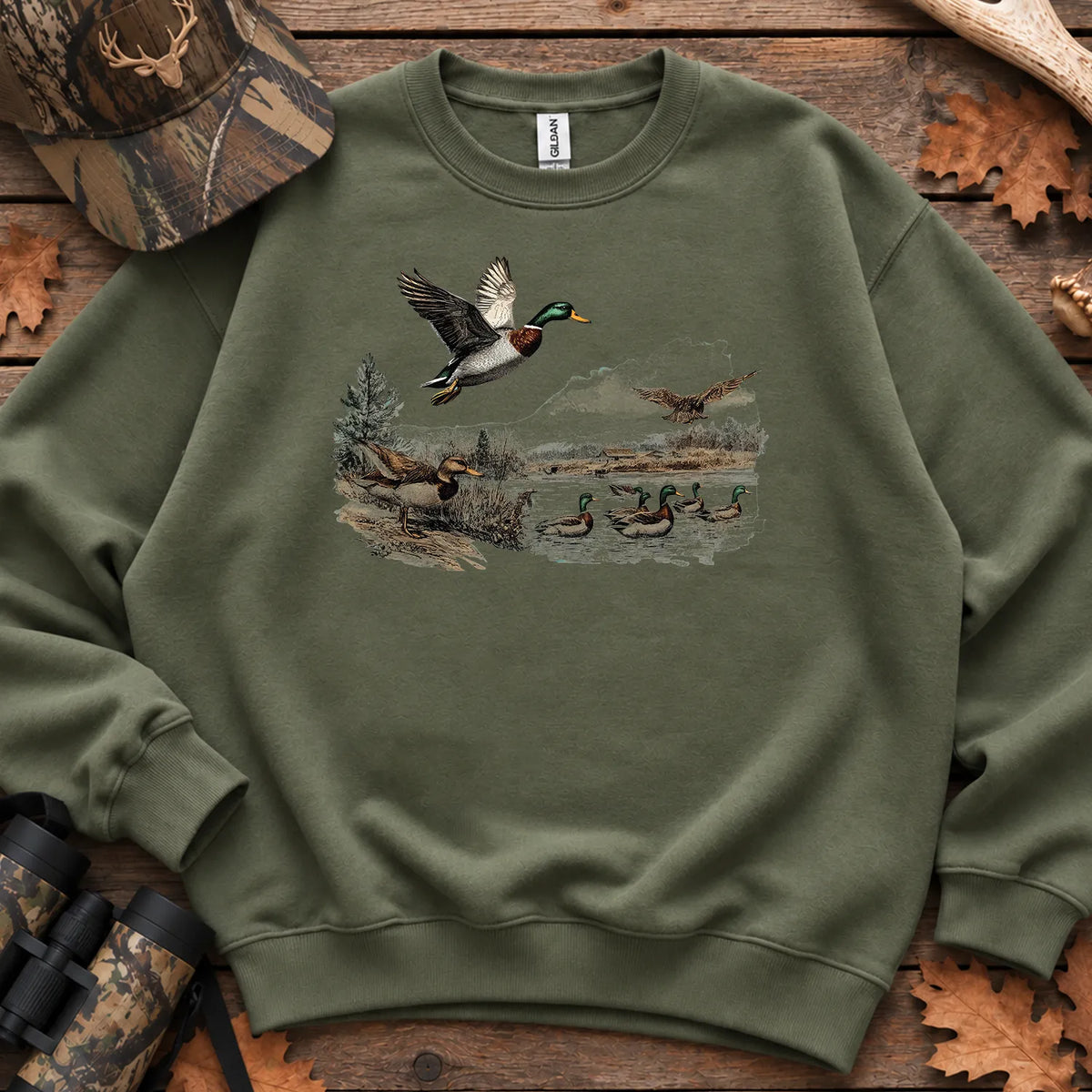 Retro Mallard Pond Scene Sweatshirt in Military Green