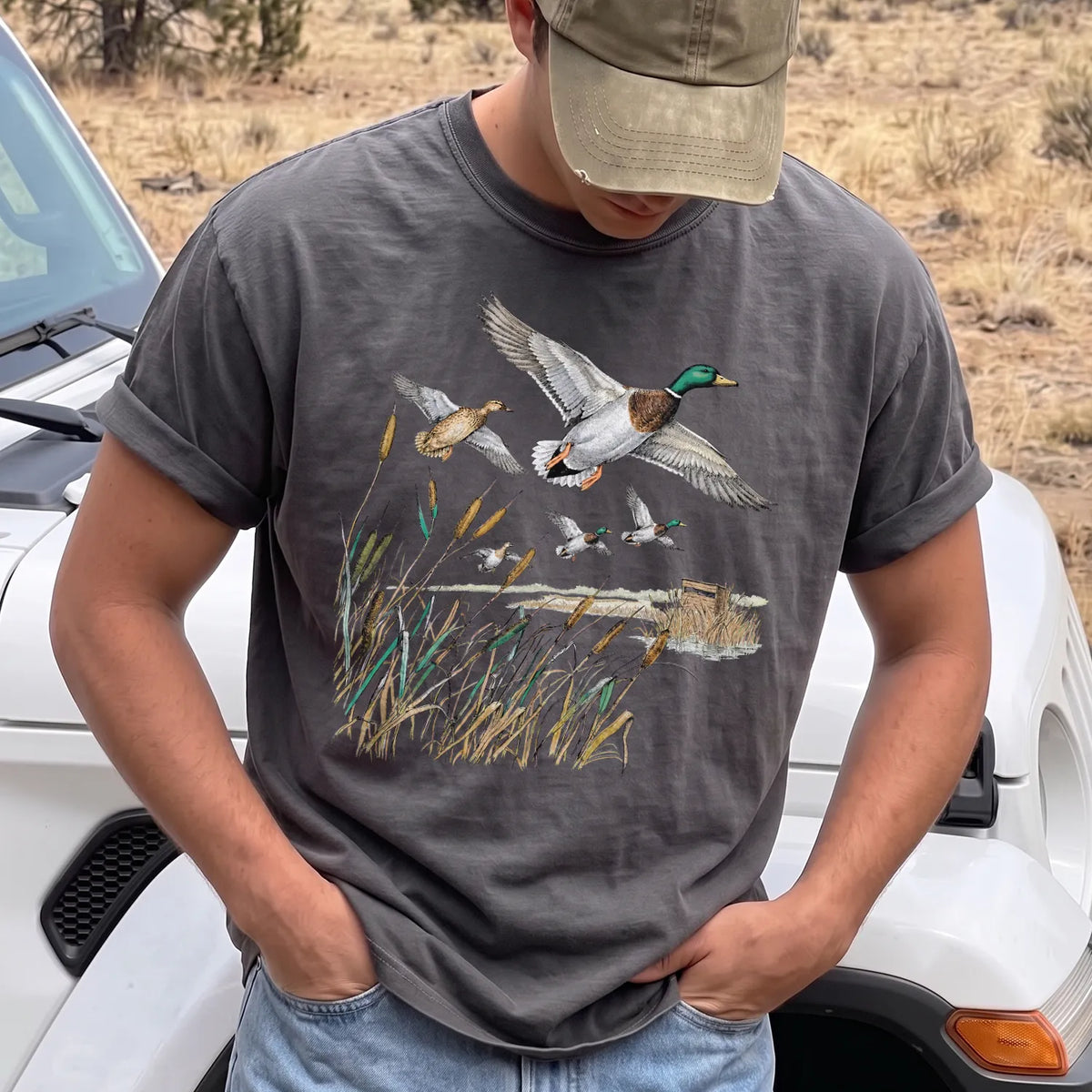 Retro Mallard Pond T-Shirt Men model in Pepper