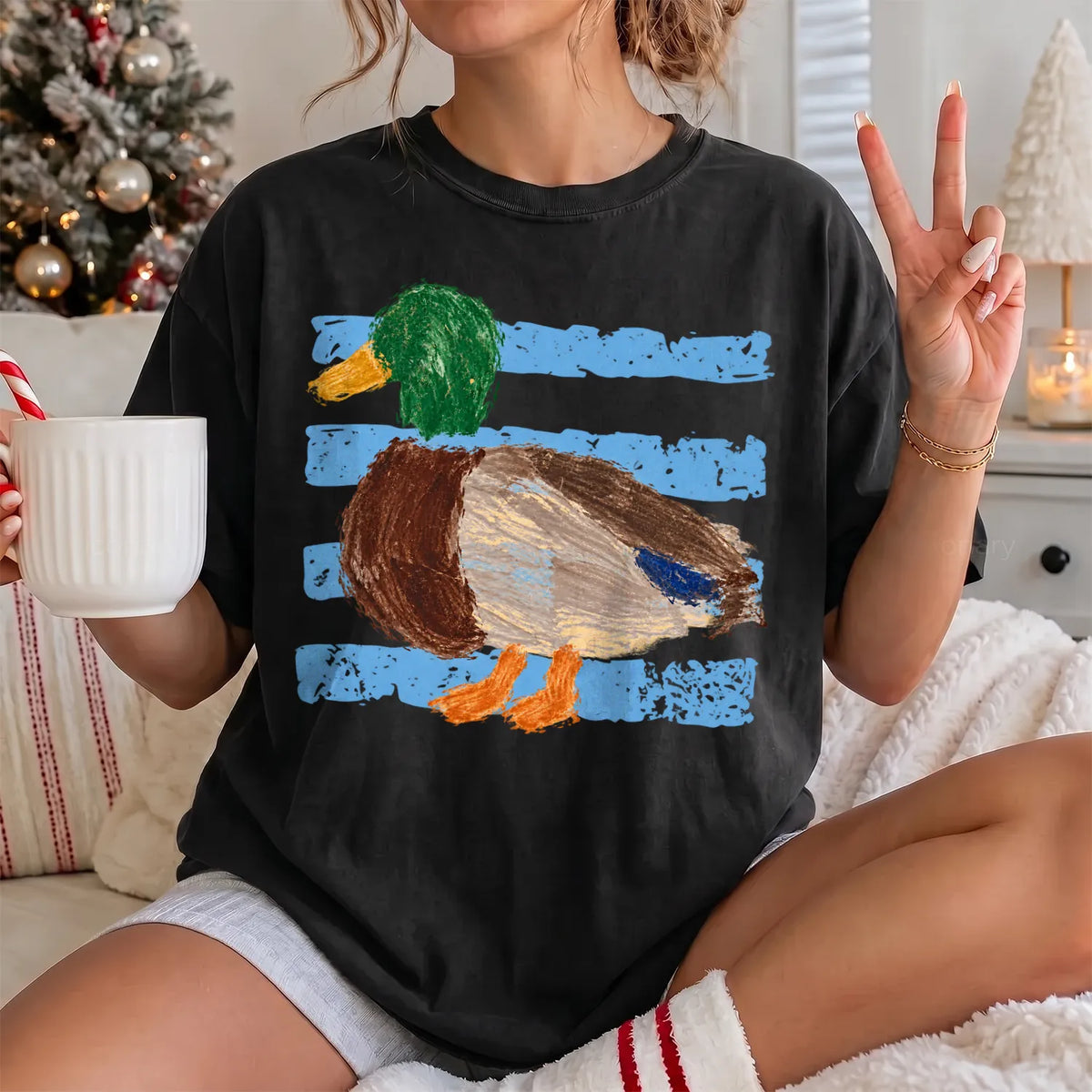 Retro Painted Mallard T-Shirt Women model in Black