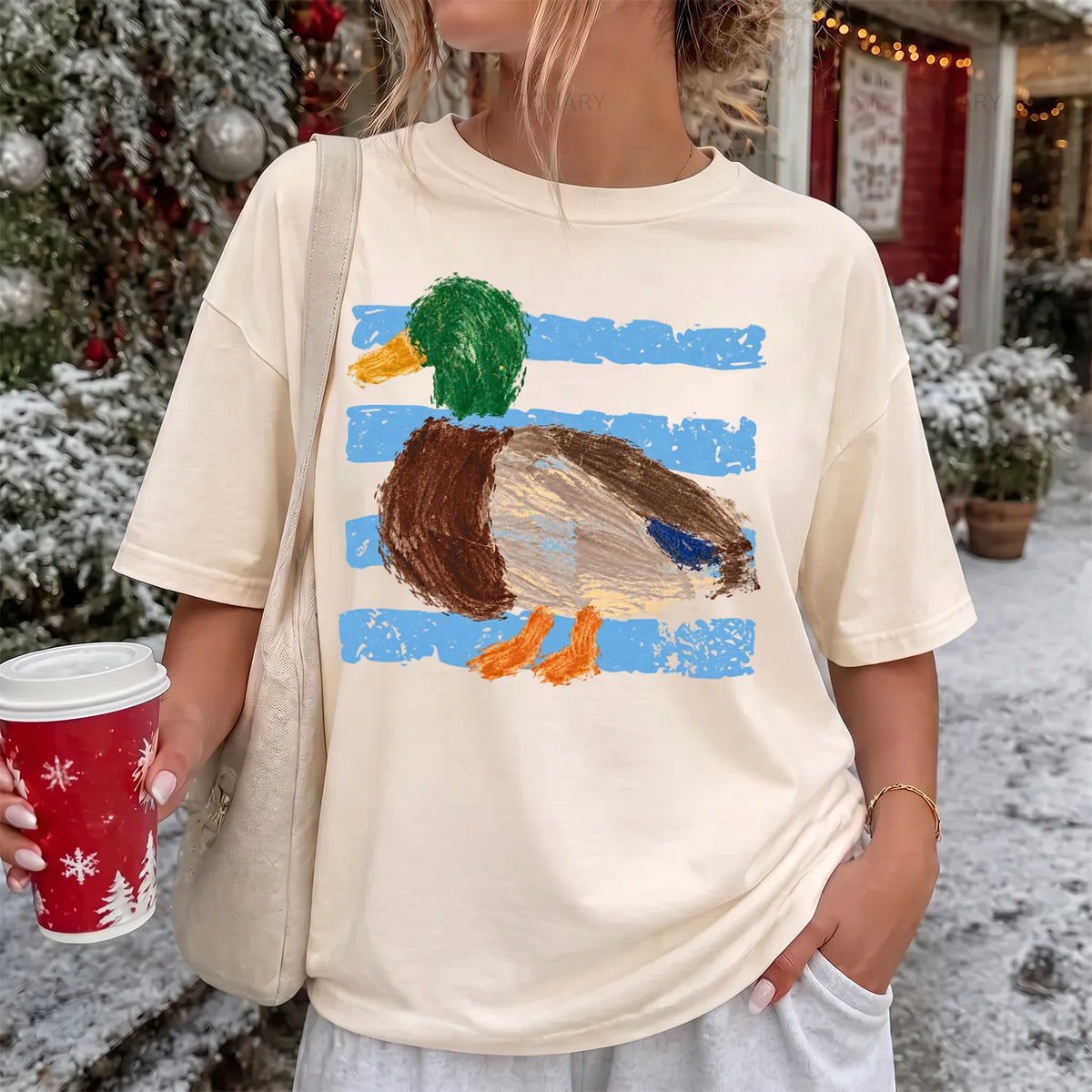 Retro Painted Mallard T-Shirt Women model in Ivory