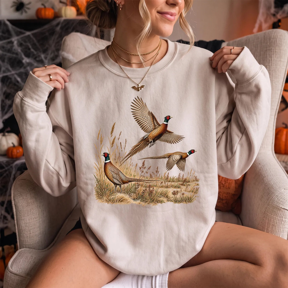 Retro Pheasants in Flight Sweatshirt Women model in Sand