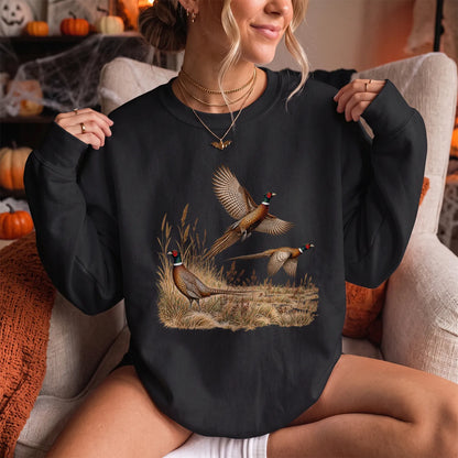 Retro Pheasants in Flight Sweatshirt Women model in Black