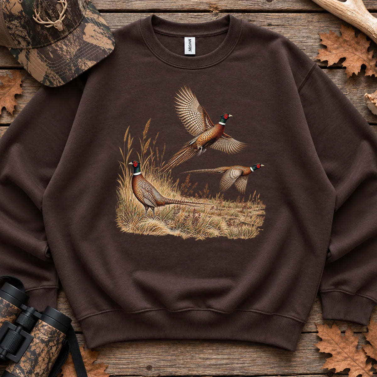 Retro Pheasants in Flight Sweatshirt in Dark Chocolate