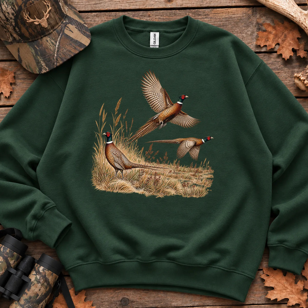 Retro Pheasants in Flight Sweatshirt in Forest Green