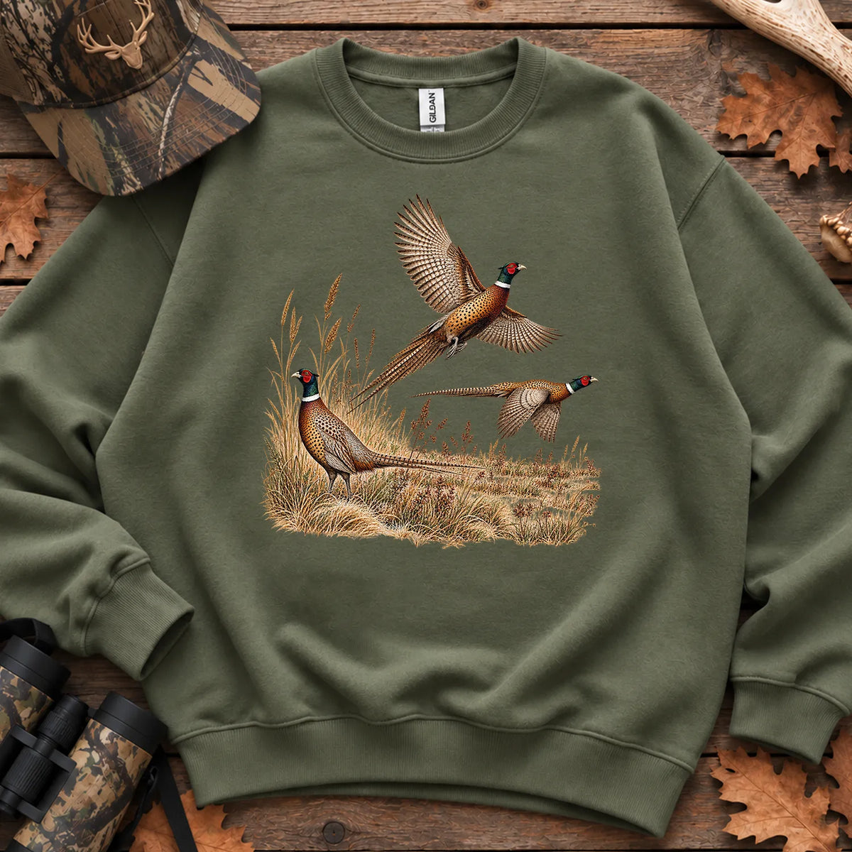 Retro Pheasants in Flight Sweatshirt in Military Green