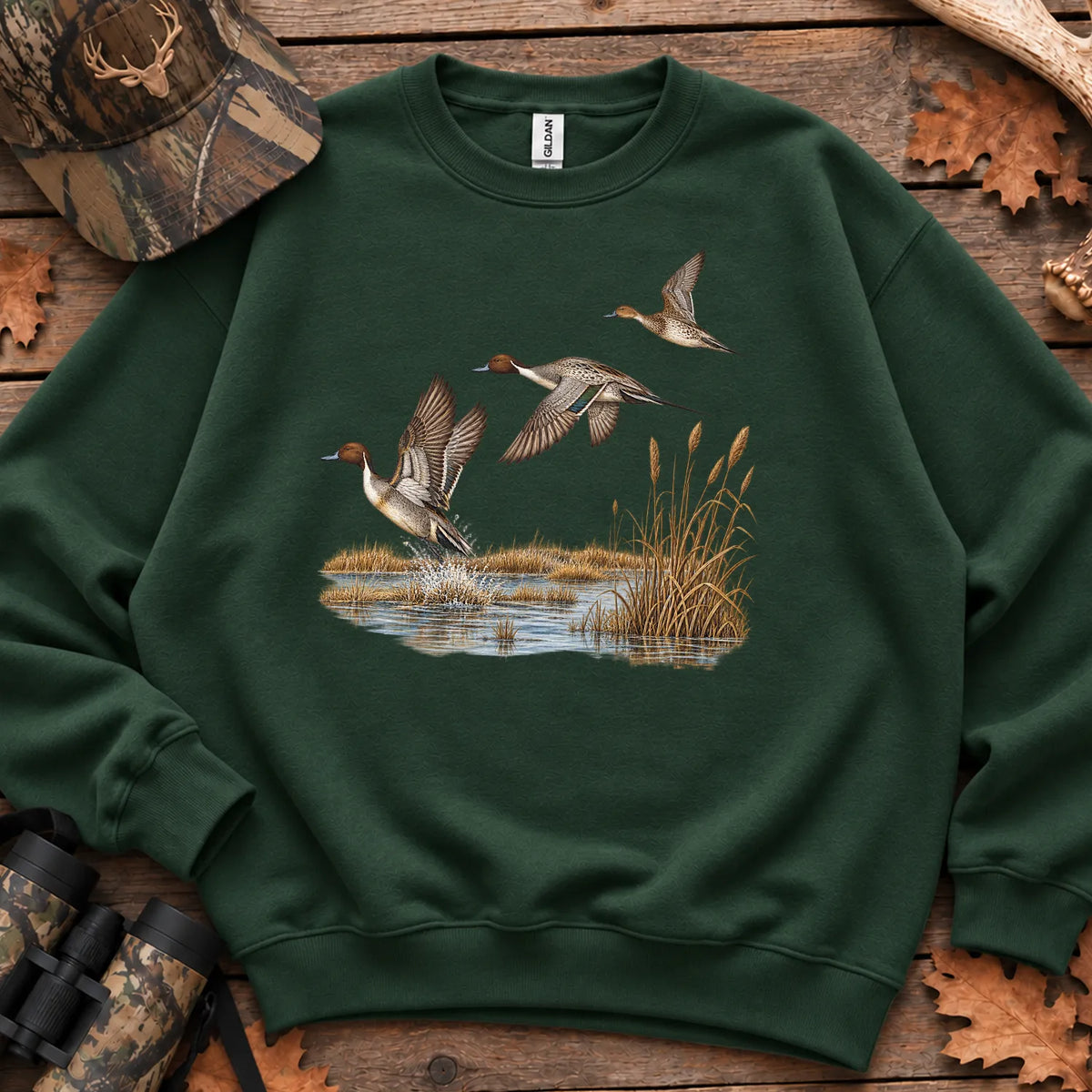 Retro Pintail Ducks in Flight Sweatshirt in Forest Green