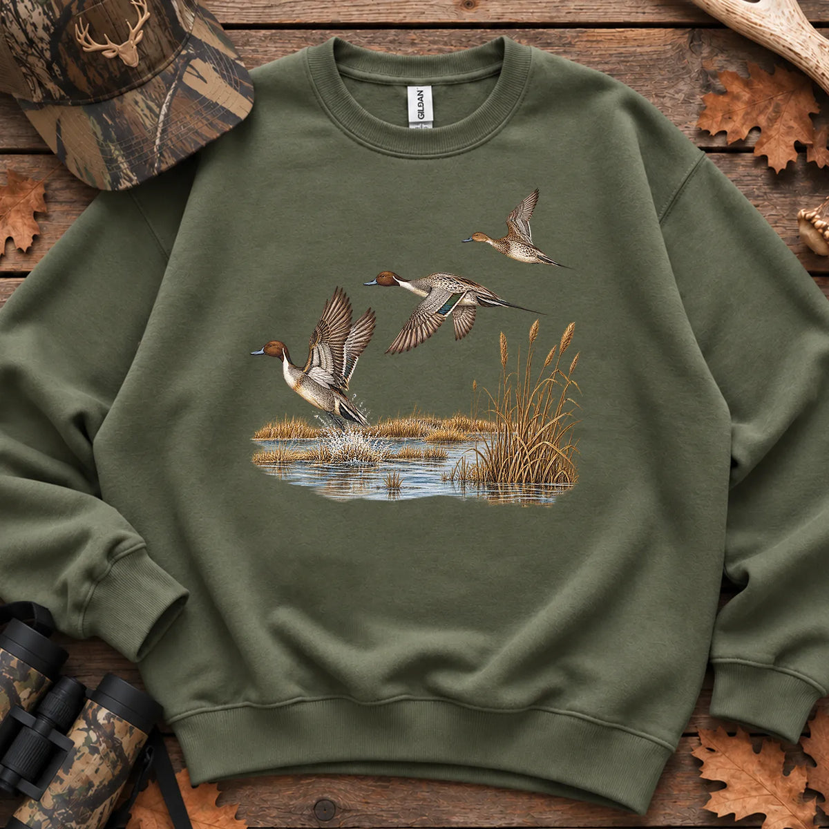 Retro Pintail Ducks in Flight Sweatshirt in Military Green