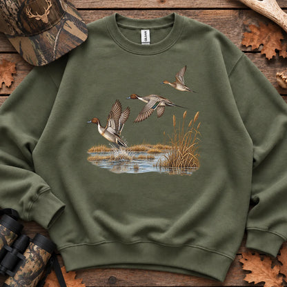 Retro Pintail Ducks in Flight Sweatshirt in Military Green