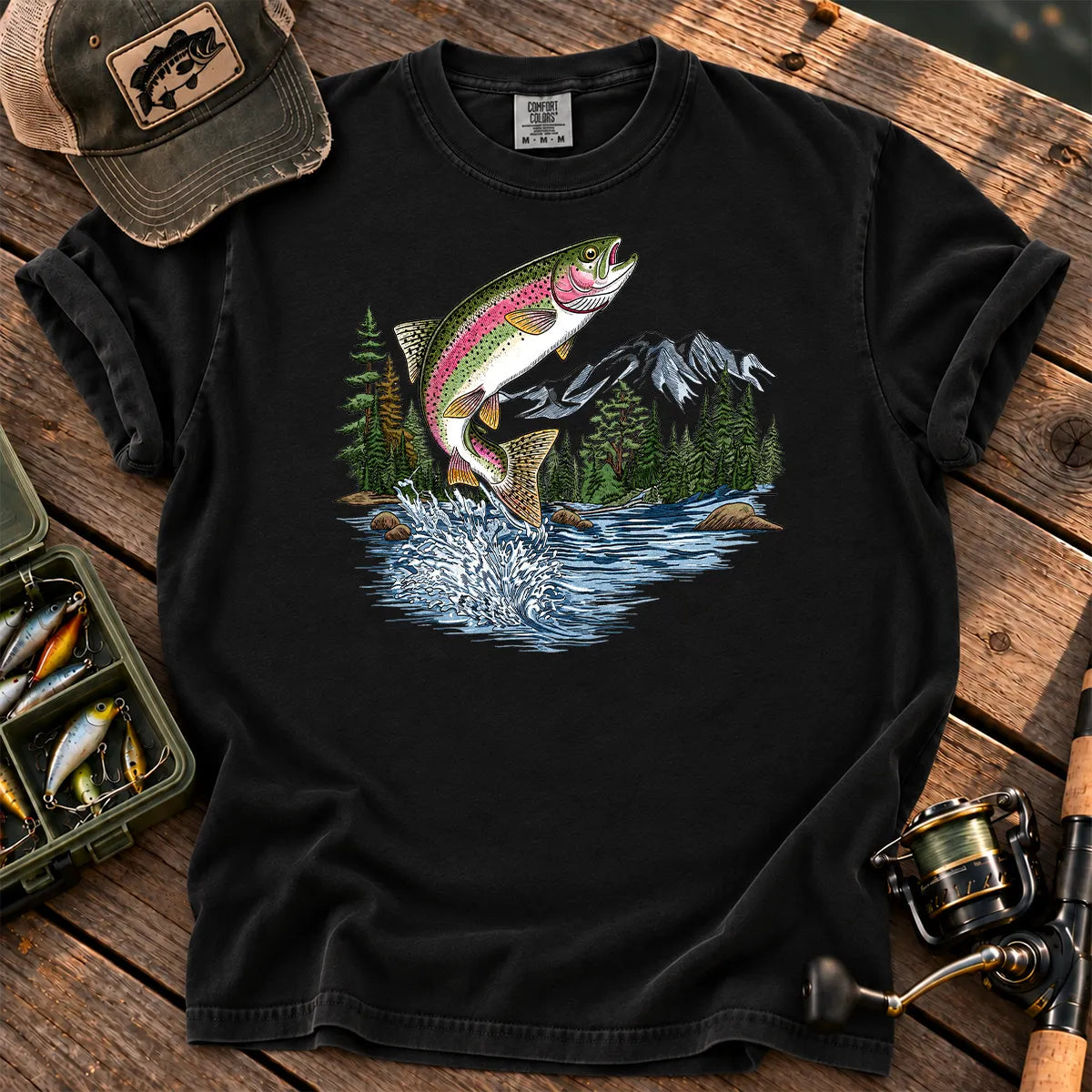 Retro Rainbow Trout T-Shirt in Black