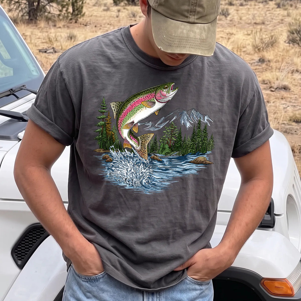Retro Rainbow Trout T-Shirt Men model in Pepper