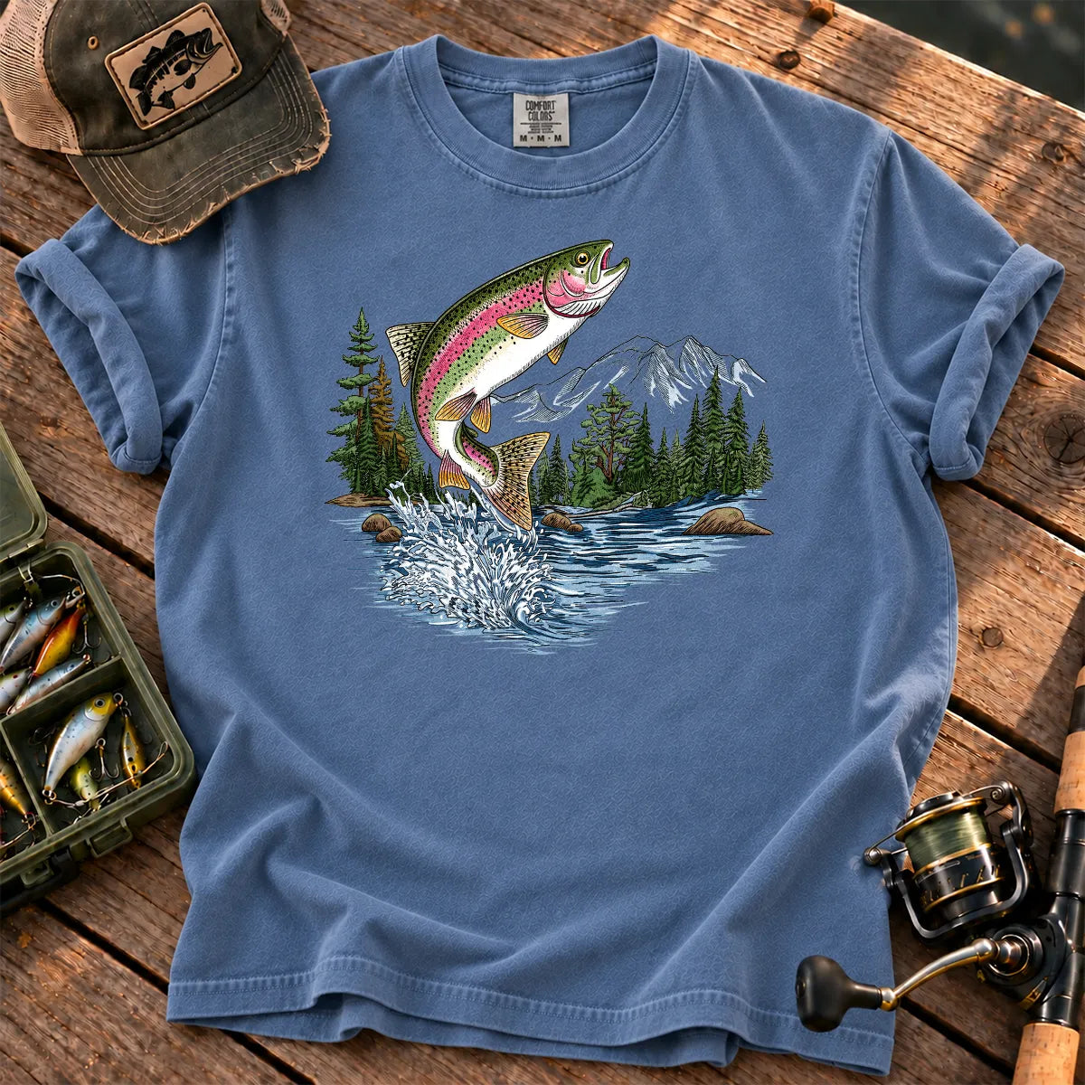 Retro Rainbow Trout T-Shirt in Blue Jean