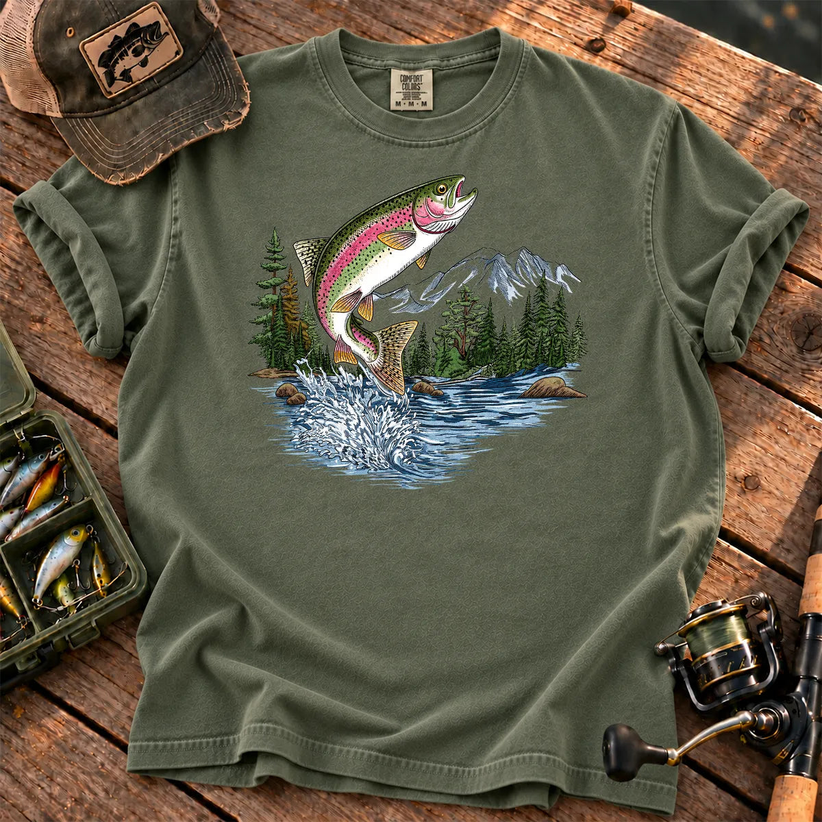 Retro Rainbow Trout T-Shirt in Moss