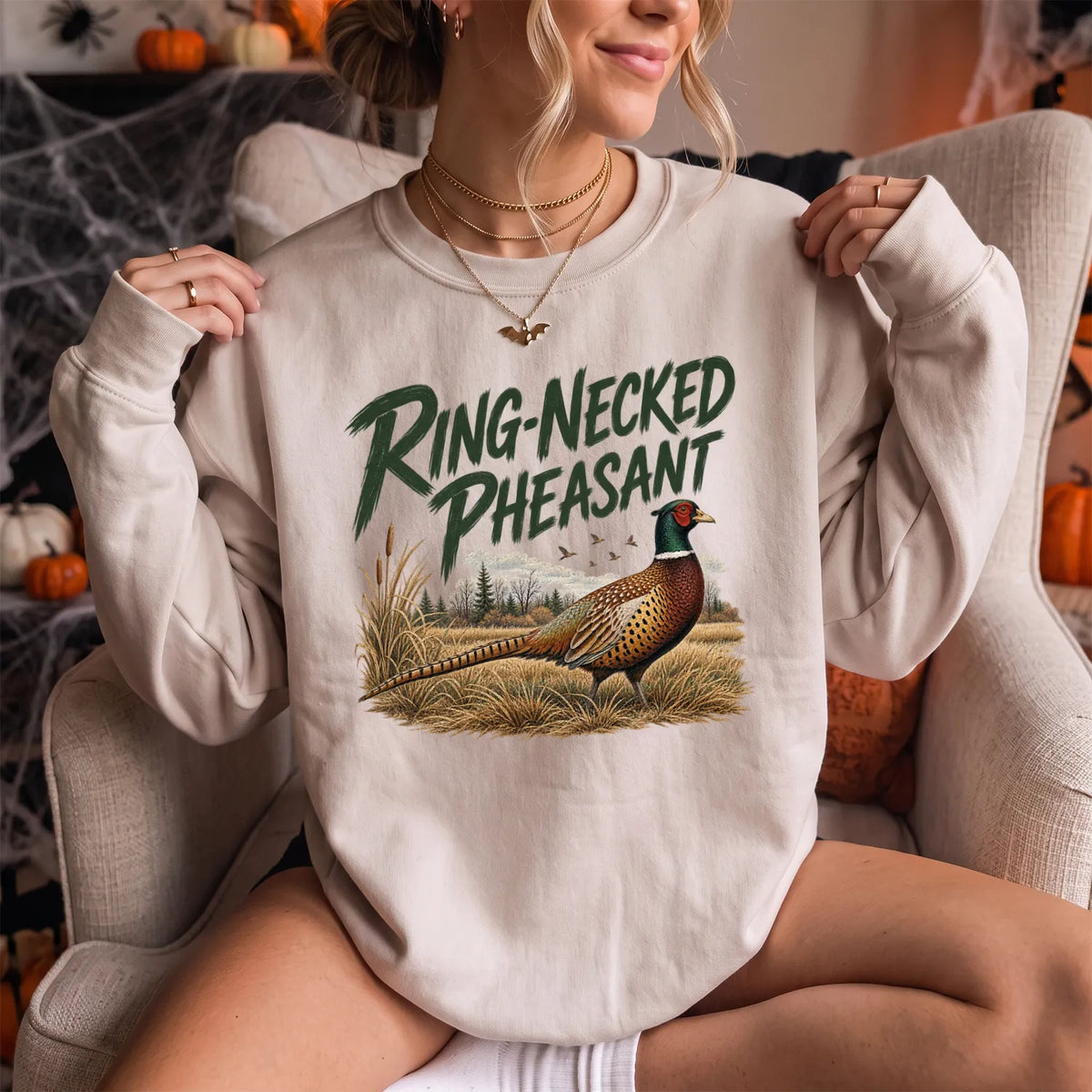Ring-Necked Pheasant Sweatshirt Women model in Sand