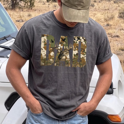 Rustic Camo Hunting Dad T-Shirt Men model in Pepper