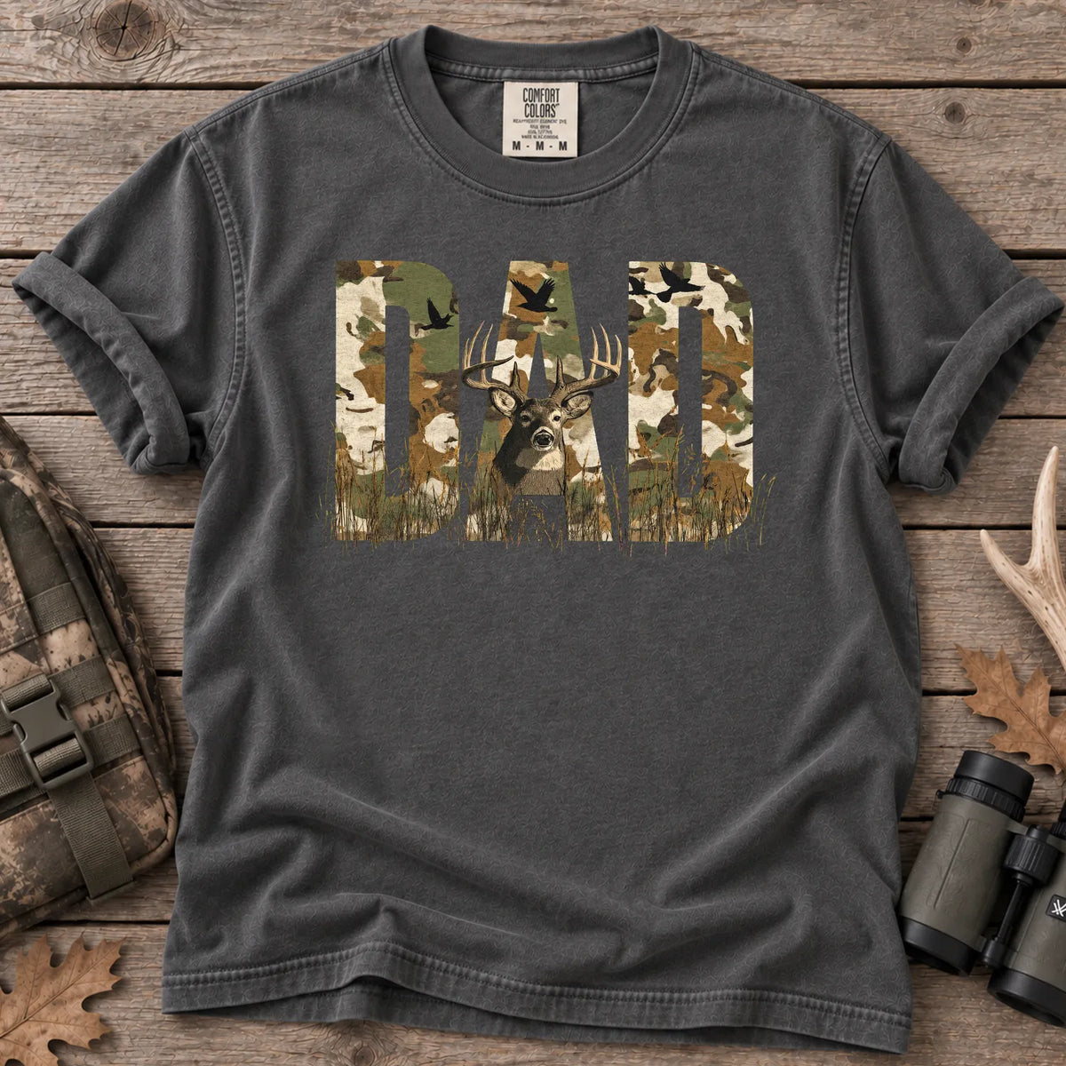 Rustic Camo Hunting Dad T-Shirt in Pepper