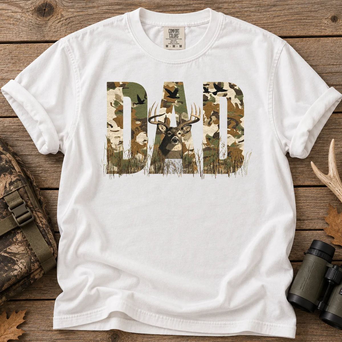 Rustic Camo Hunting Dad T-Shirt in White