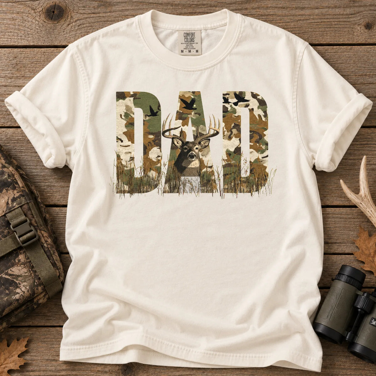 Rustic Camo Hunting Dad T-Shirt in Ivory