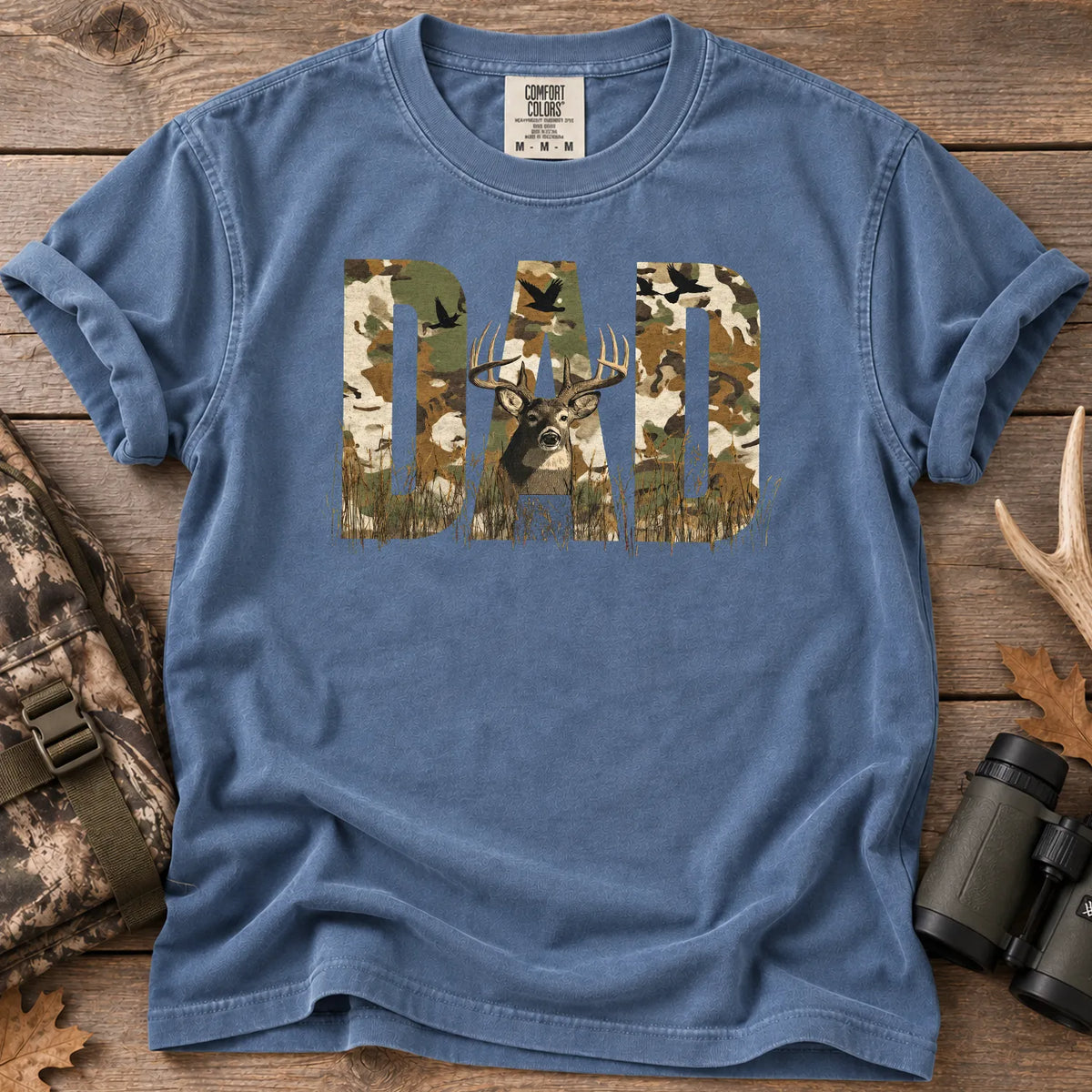 Rustic Camo Hunting Dad T-Shirt in Blue Jean