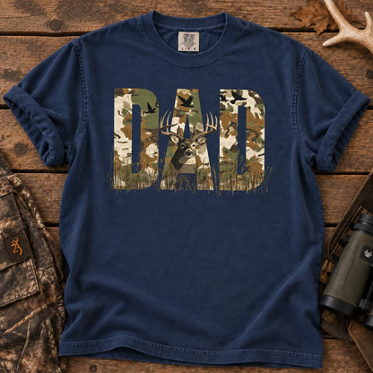Rustic Camo Hunting Dad T-Shirt in True Navy