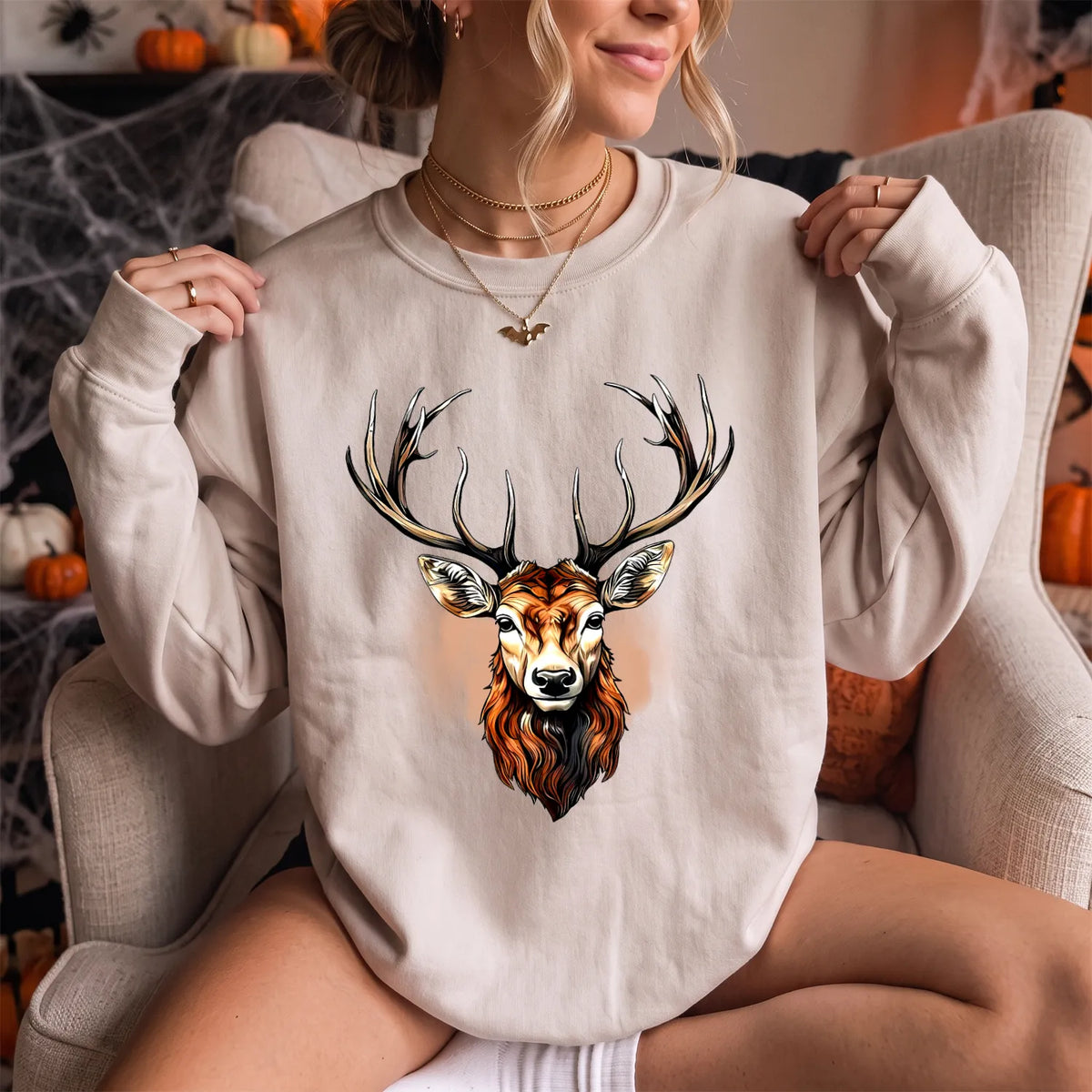 Rustic Whitetail Deer Head Sweatshirt Women model in Sand