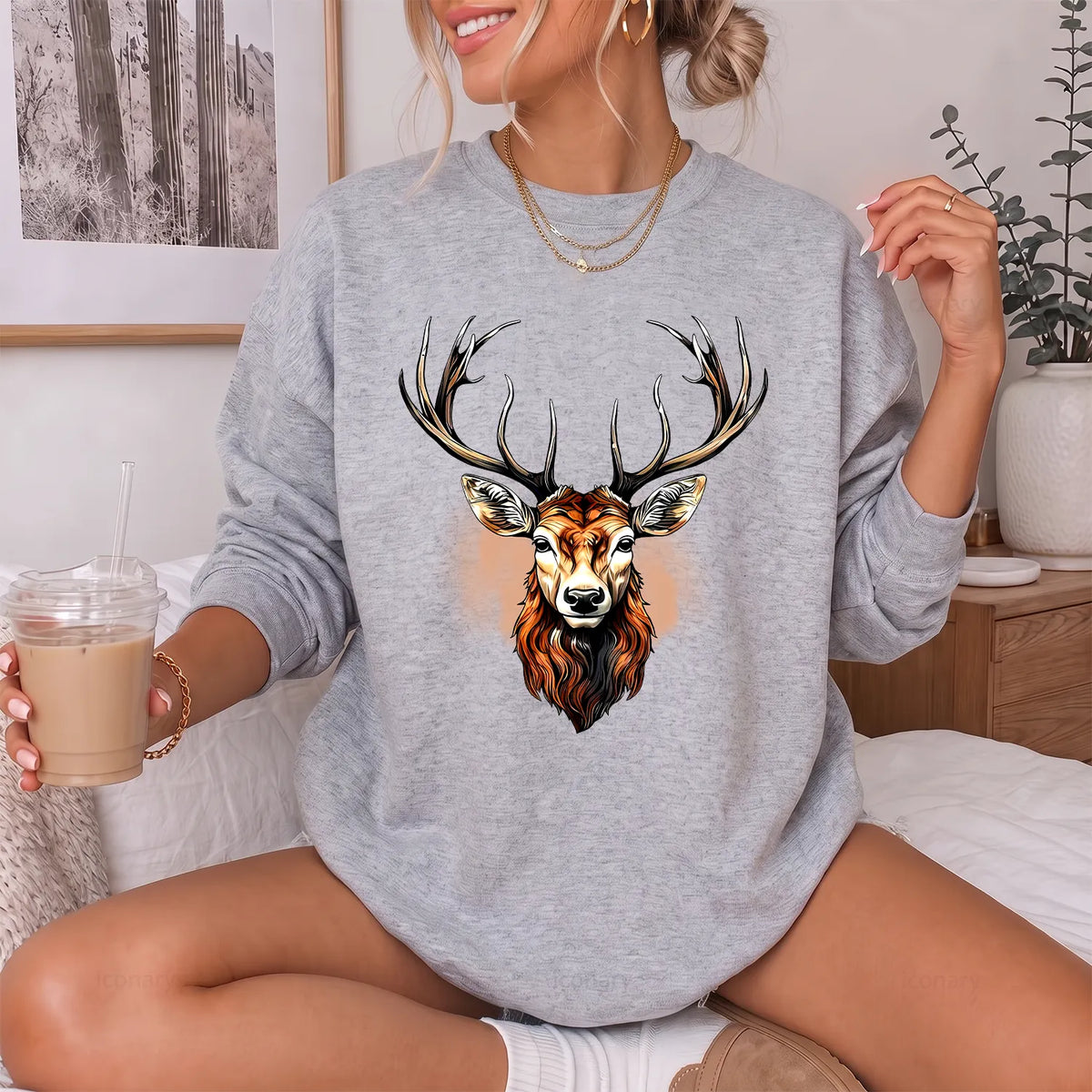 Rustic Whitetail Deer Head Sweatshirt Women model in Sport Grey