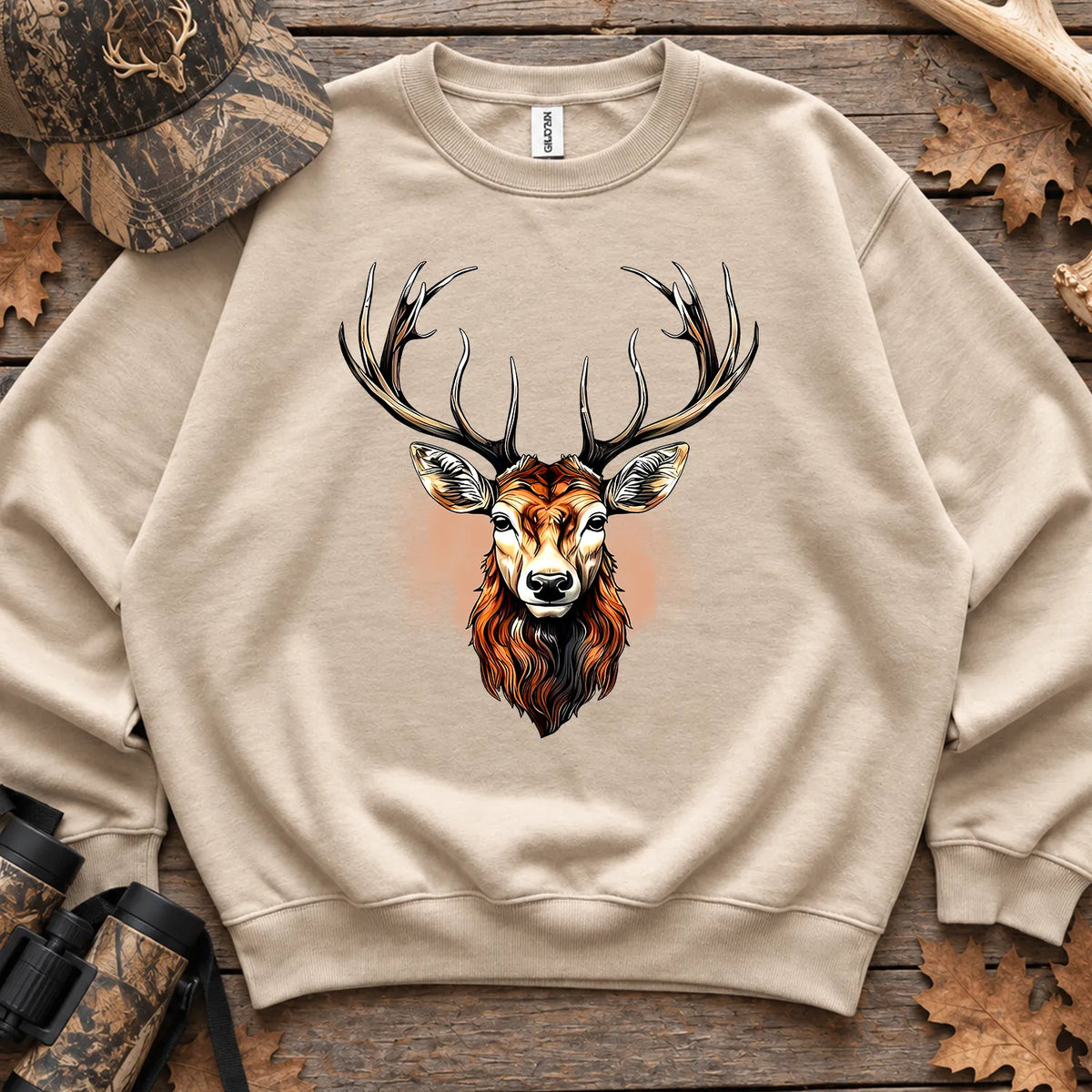 Rustic Whitetail Deer Head Sweatshirt in Sand