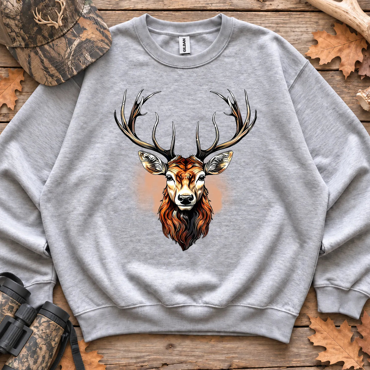 Rustic Whitetail Deer Head Sweatshirt in Sport Grey