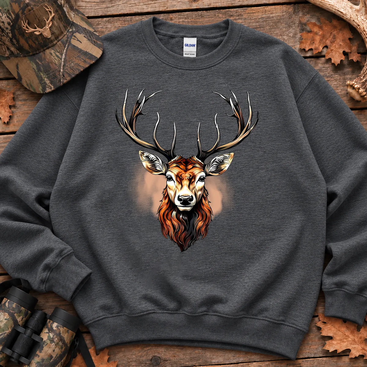 Rustic Whitetail Deer Head Sweatshirt in Dark Heather