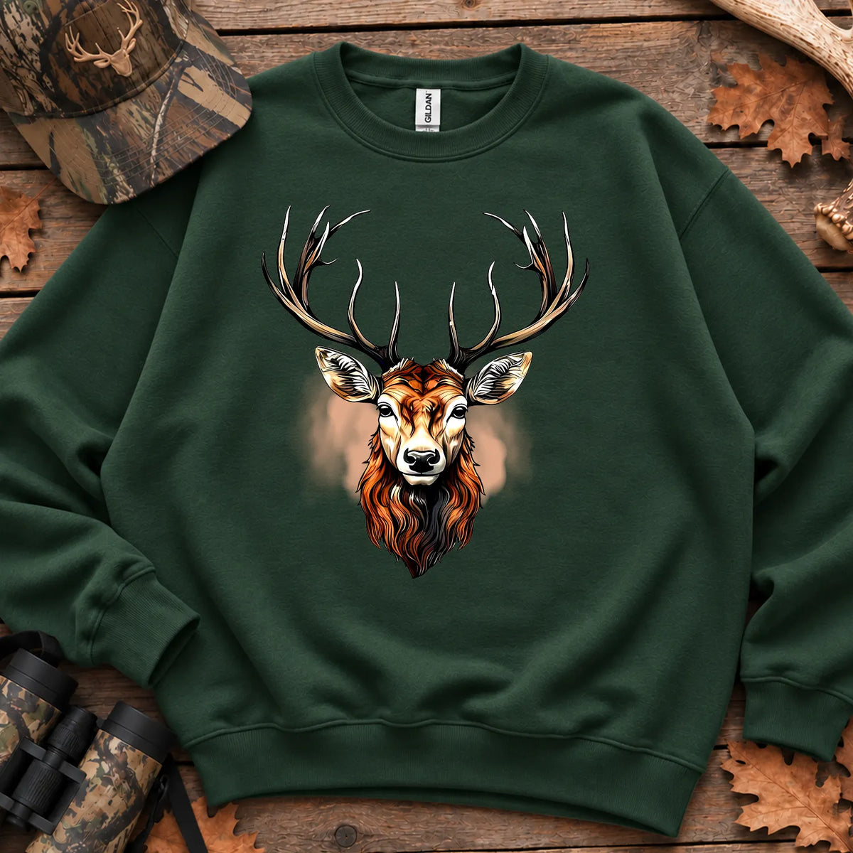 Rustic Whitetail Deer Head Sweatshirt in Forest Green