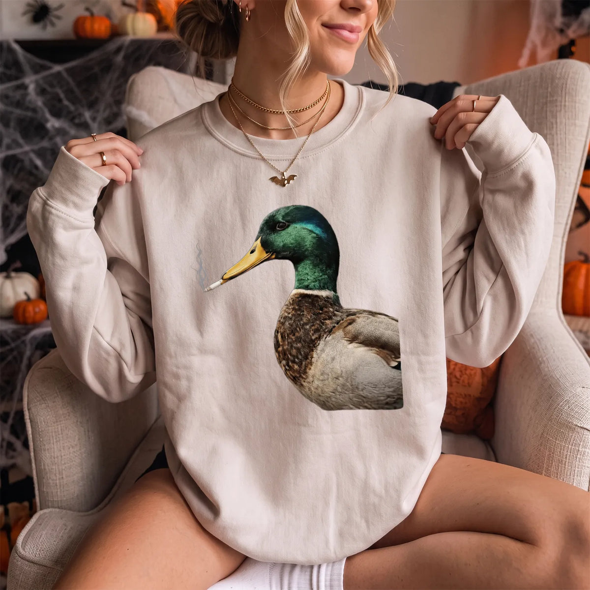 Sarcastic Mallard Duck Sweatshirt Women model in Sand