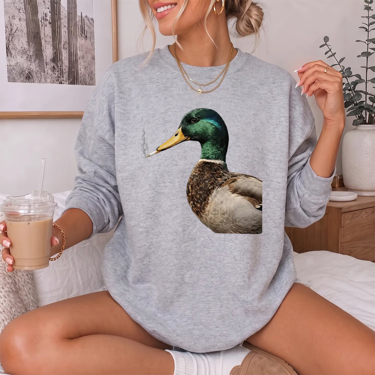 Sarcastic Mallard Duck Sweatshirt Women model in Sport Grey