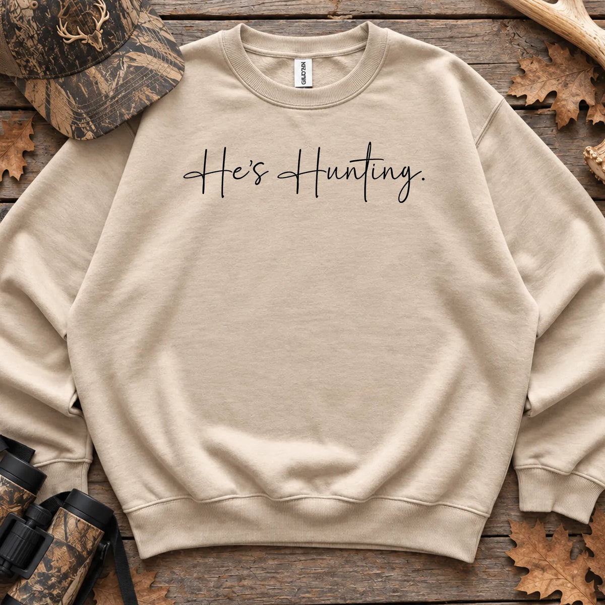 Script Hes Hunting Sweatshirt in Sand