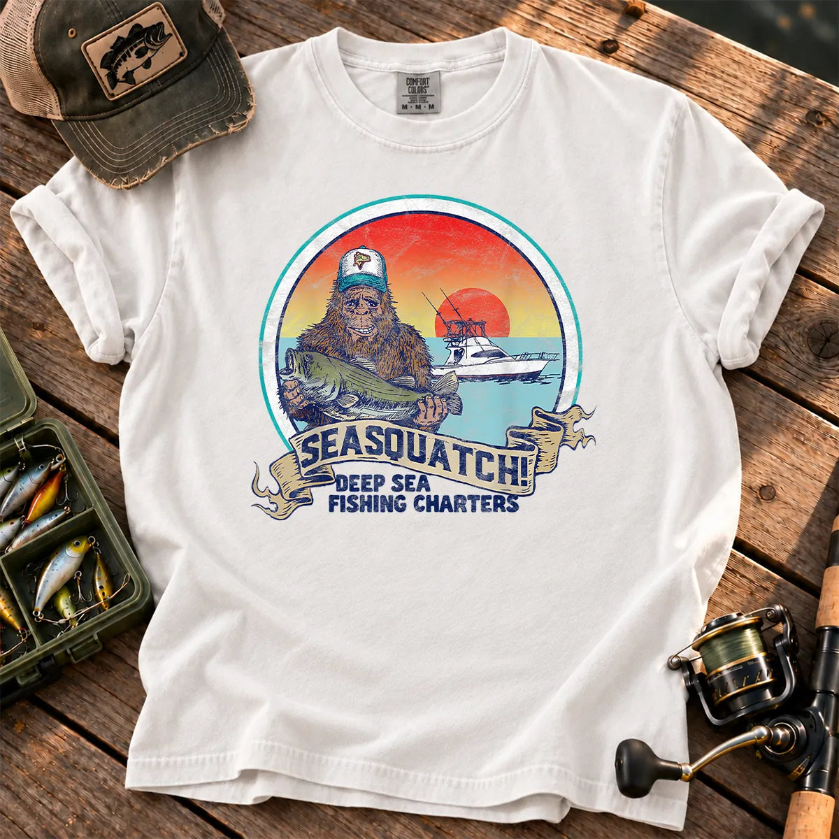 SeaSquatch Bigfoot Fishing T-Shirt in White